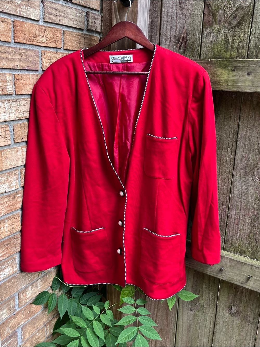 Vintage SK & Co Women's Red Open-Front Blazer with Black/White Trim Shoulder Pad